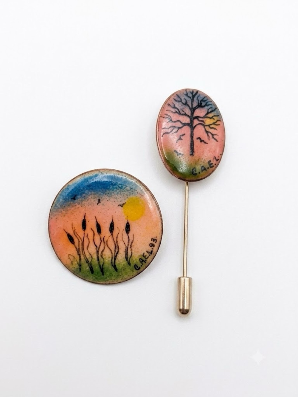 Vintage Handmade Enamel Pins Brooches Tree silhouette Marsh Tail